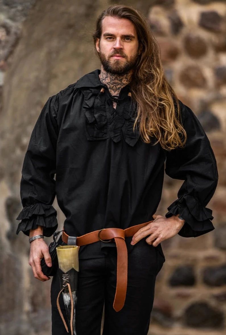 Black Ruffled Collar and Cuff Renaissance Shirt | Lace-Up Front