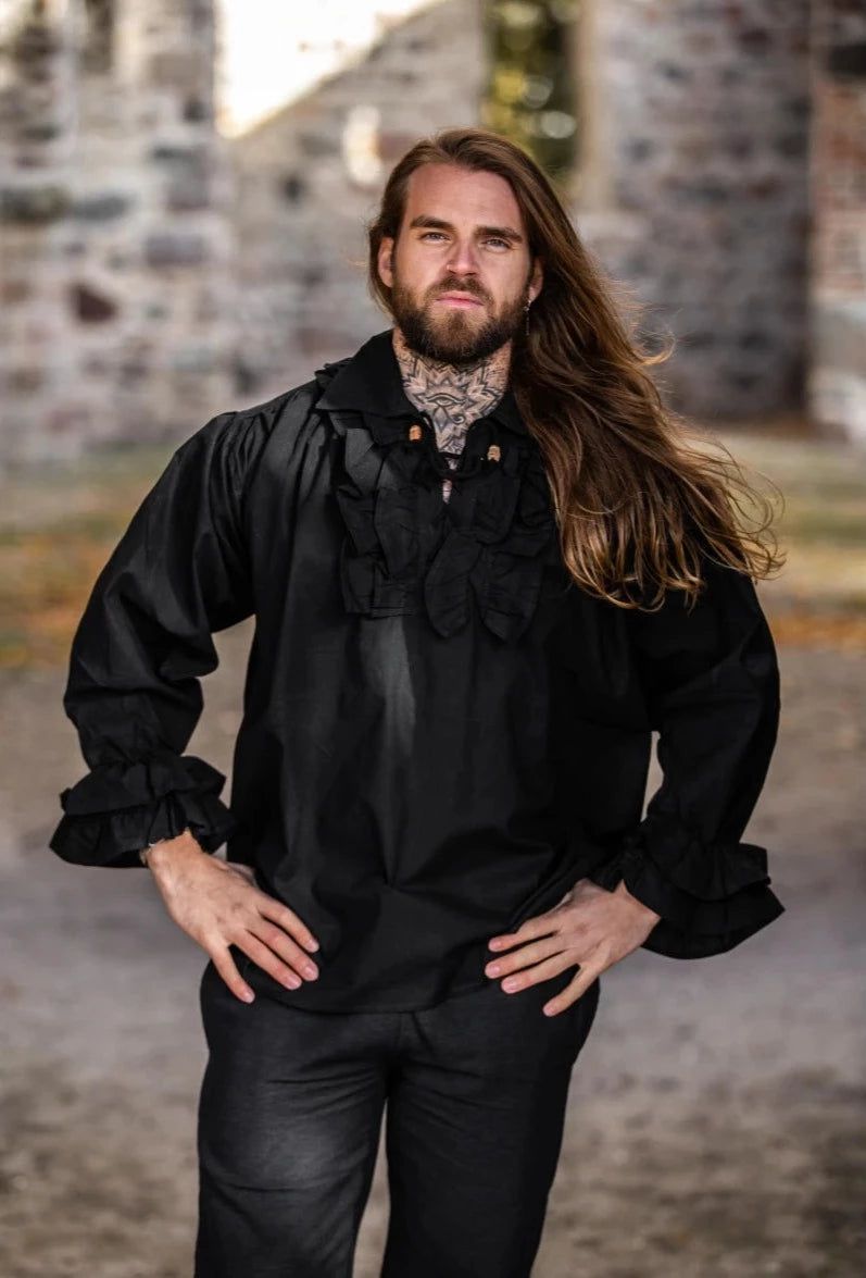 Black Ruffled Collar and Cuff Renaissance Shirt | Lace-Up Front
