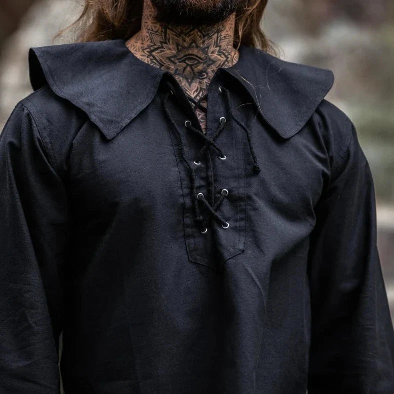 Renaissance Shirt - Black Wide Round Collar Shirt with Lacing