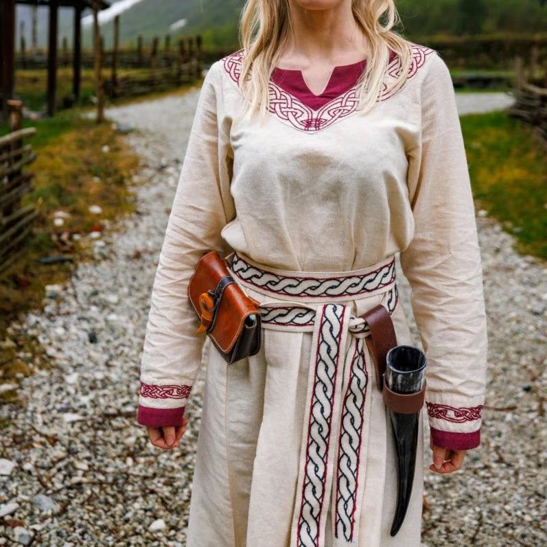 Viking Dress in Natural with Red Trim - Embody the Spirit of the Vikings-7-Viking Warrior