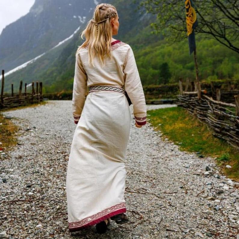 Viking Dress in Natural with Red Trim - Embody the Spirit of the Vikings-2-Viking Warrior