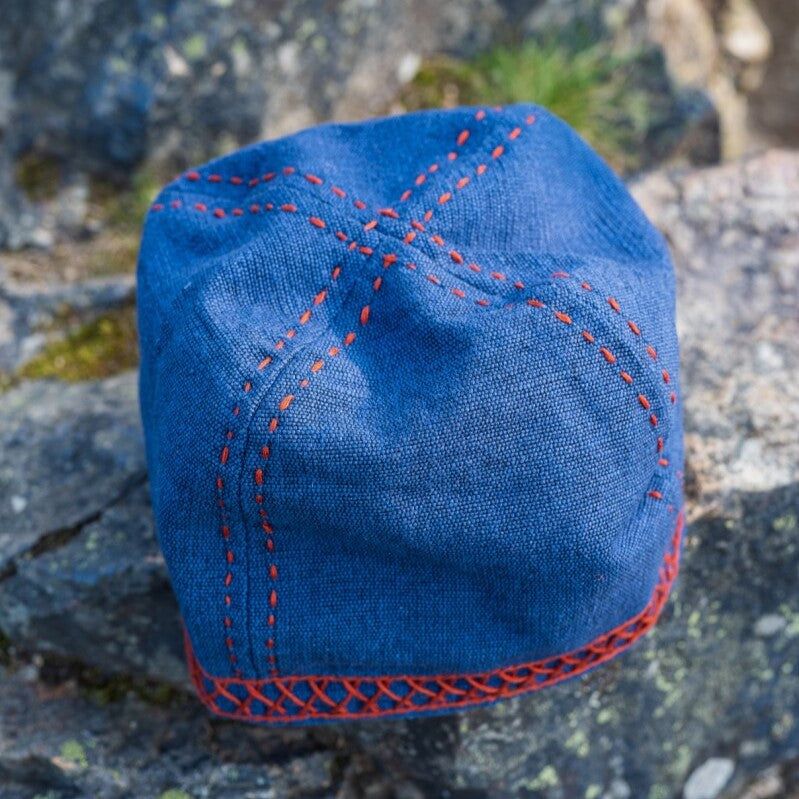 Blue Cotton Viking Cap | Red Embroidered Norse Motifs-3-Viking Warrior