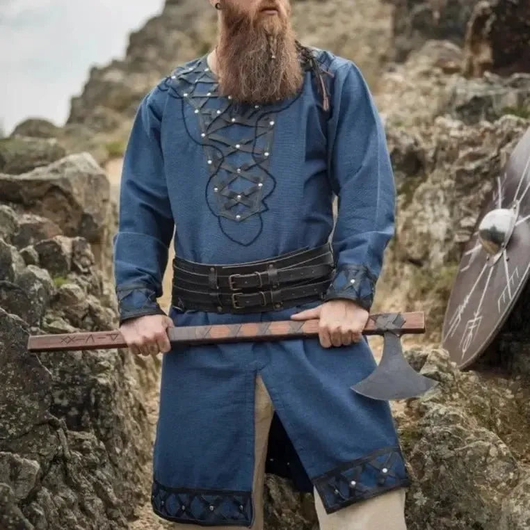 LIMITED EDITION Viking Tunic - Blue with Leather Trim & Rivets-4-Viking Warrior