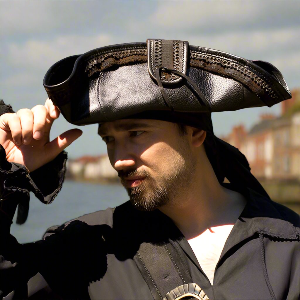 Black Leather Maritime Tricorn | Hand-Stitched Design | Canvas Trim