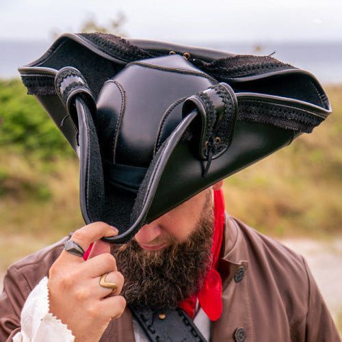 Vegan Black Leather Maritime Hat | Weather-Resistant | Canvas Trim