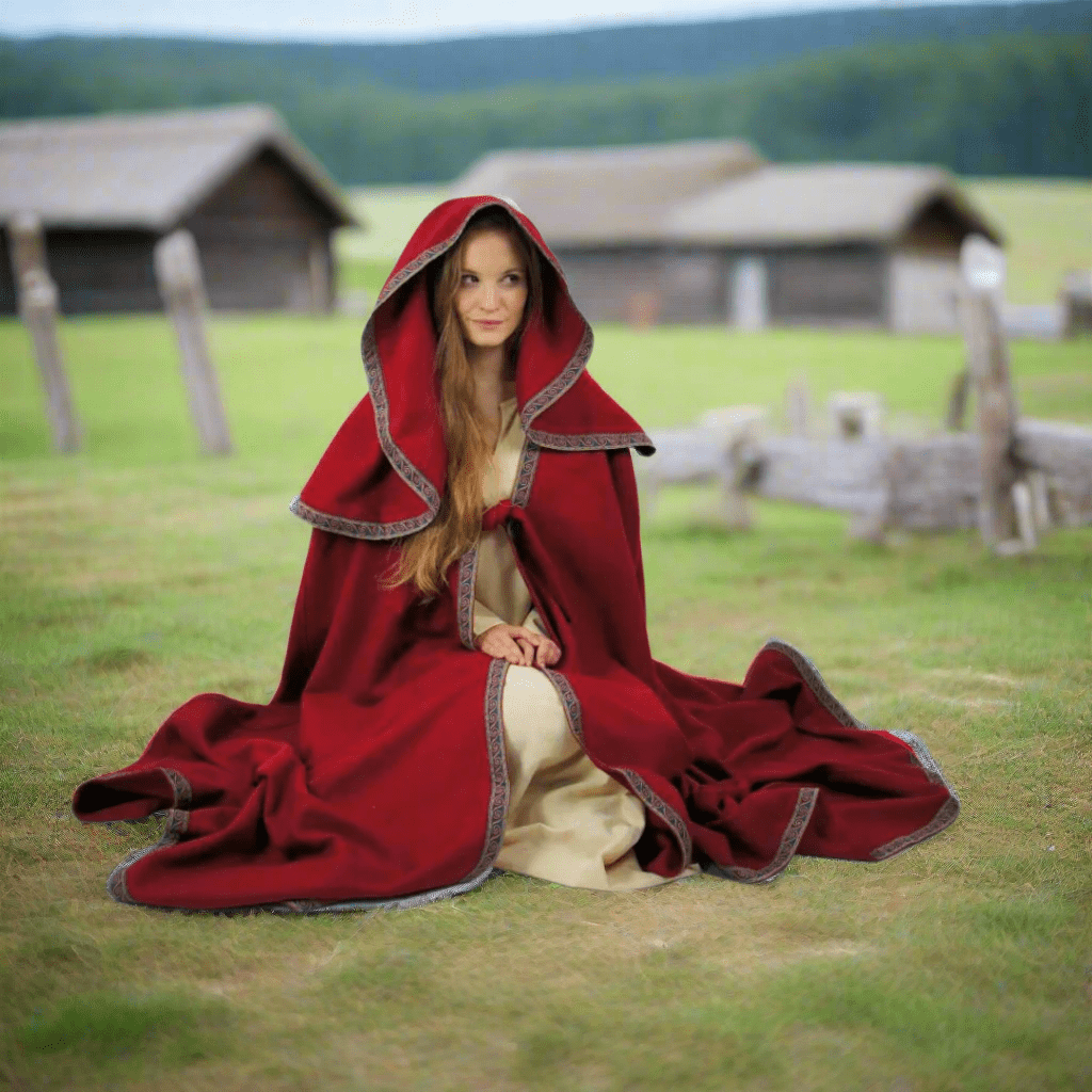 Viking Wool Cloak with Long Hood | Hand-Stitched Embroidery