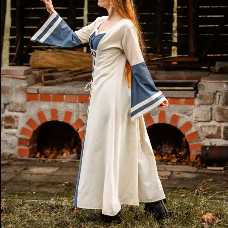 Natural and Blue Renaissance Dress | Long Sleeves | Traditional Lacing