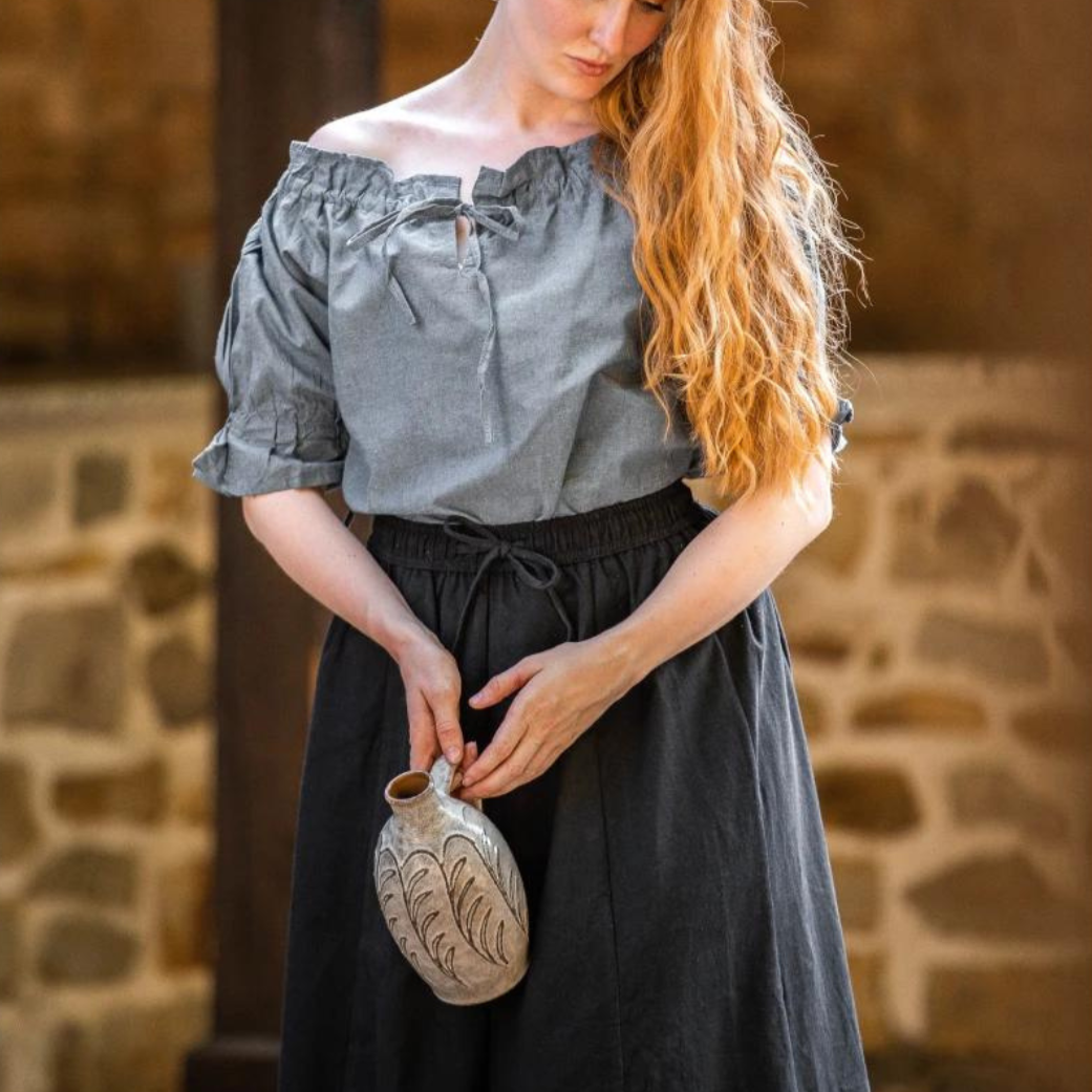 Gray-Blue Short Sleeve Women’s Renaissance Blouse | Intricate Laced Detailing