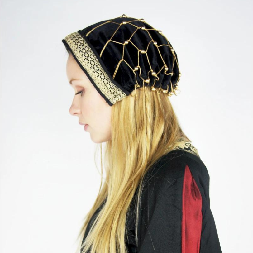 Black & Gold Velvet Renaissance Headwear | Beaded Drapery