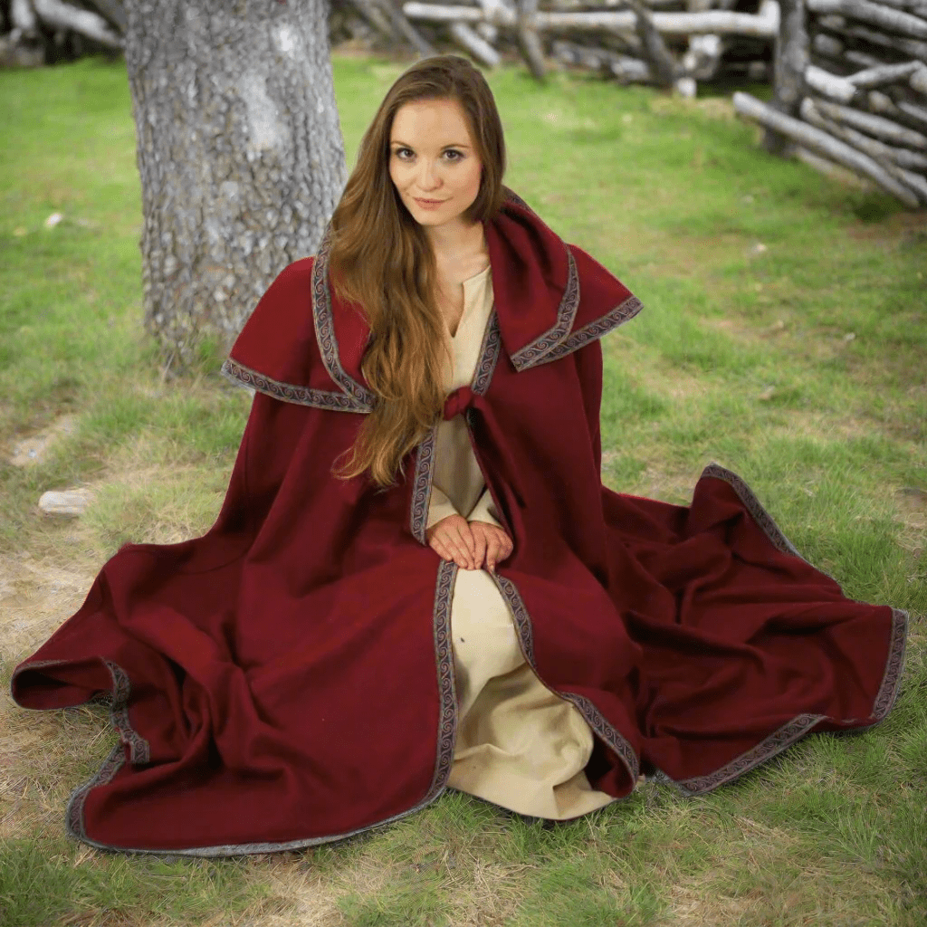 Viking Wool Cloak with Long Hood | Hand-Stitched Embroidery