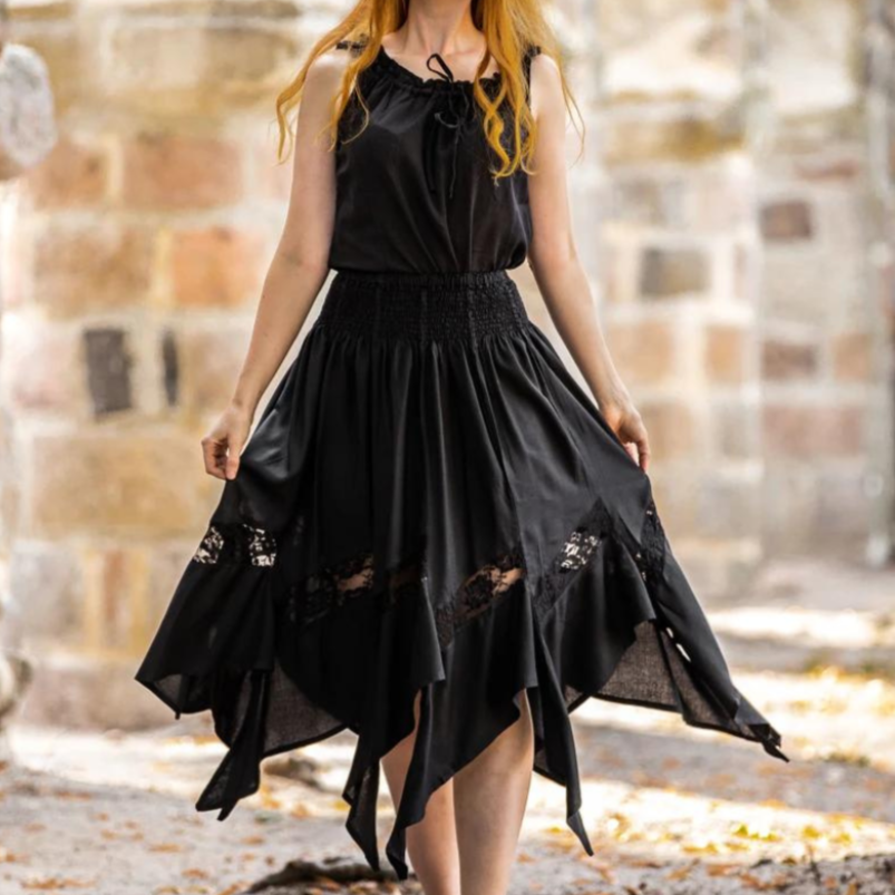 Black Renaissance Skirt with Elastic Waist | Lace Detailing