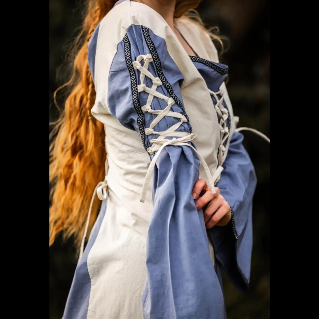Renaissance Dress with Elegant Borders and Laces | Ivory and Blue