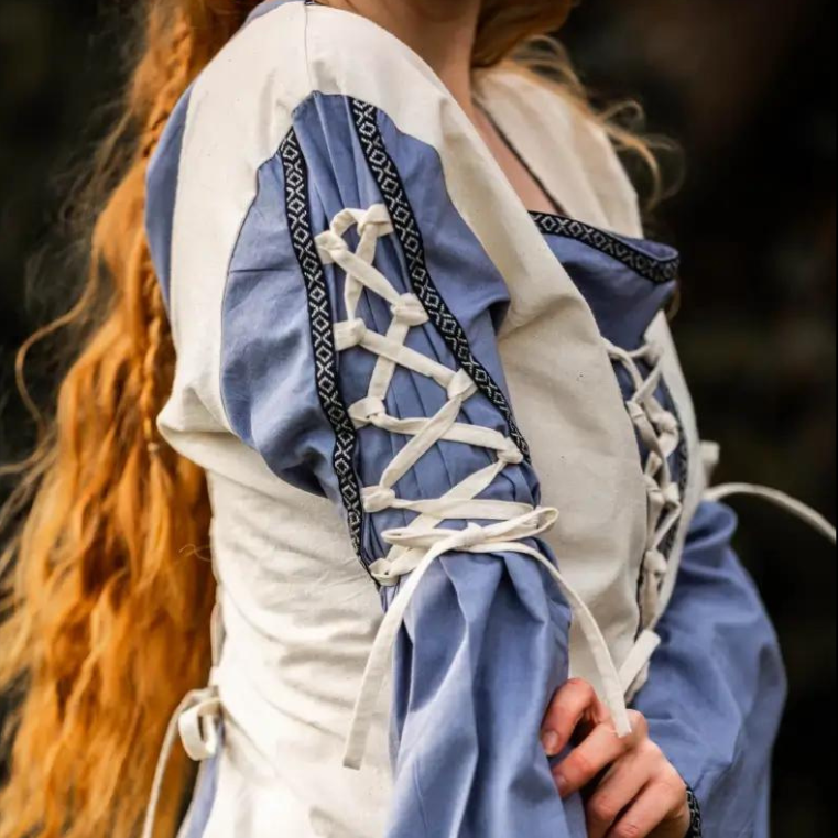 Renaissance Dress with Elegant Borders and Laces | Ivory and Blue