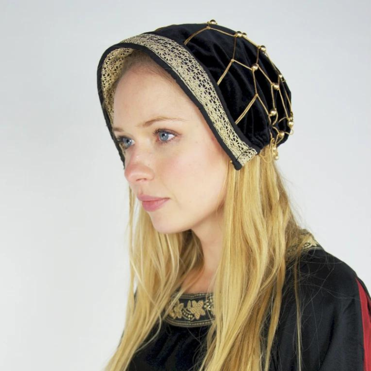 Black & Gold Velvet Renaissance Headwear | Beaded Drapery