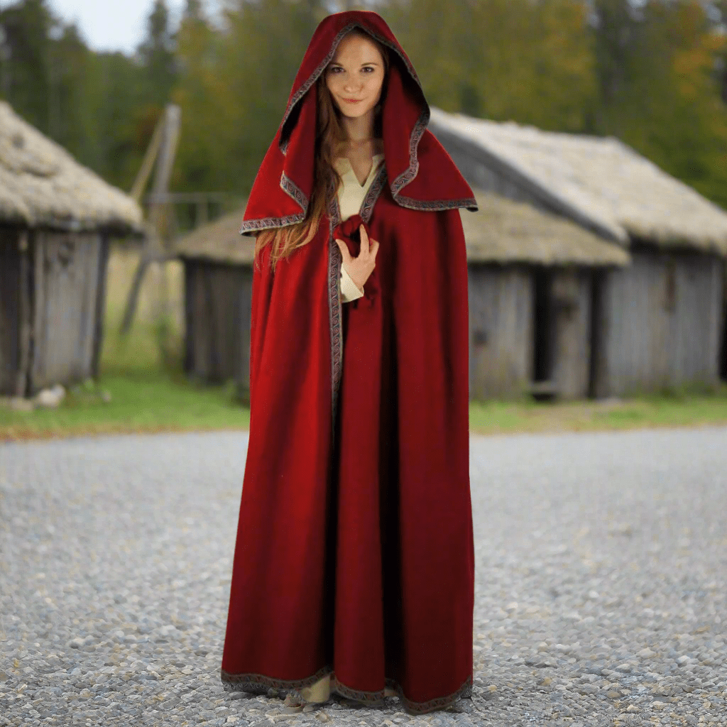 Viking Wool Cloak with Long Hood | Hand-Stitched Embroidery