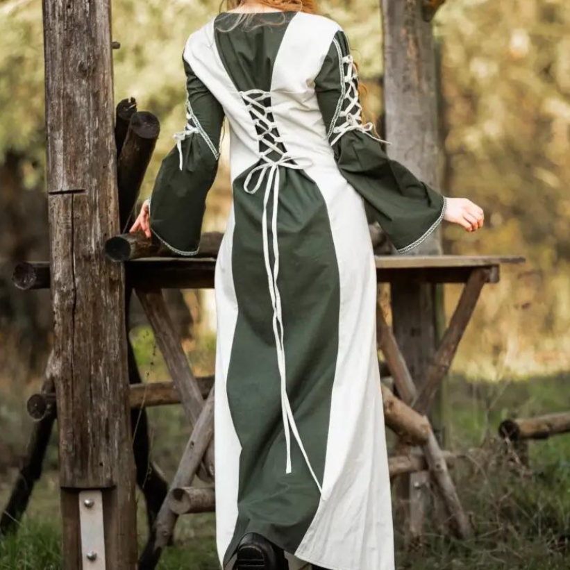 Renaissance Dress with Laced Details | Ivory and Emerald with Floral Border