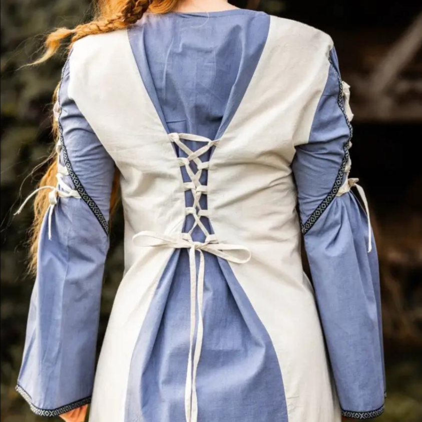 Renaissance Dress with Elegant Borders and Laces | Ivory and Blue