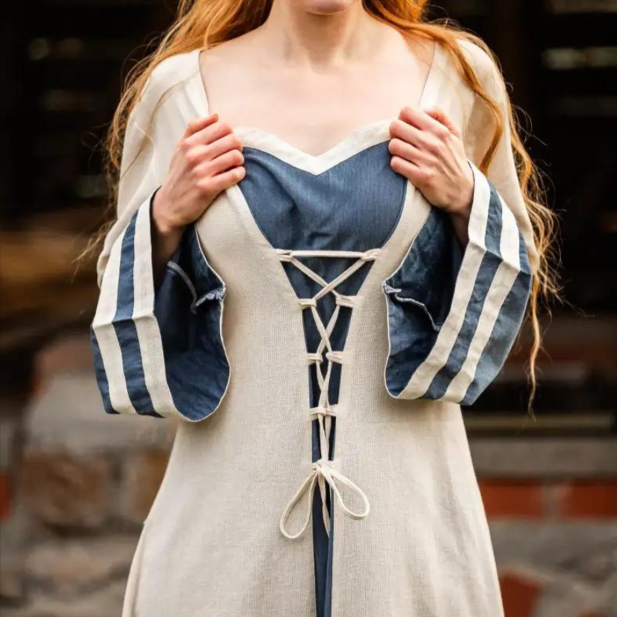 Natural and Blue Renaissance Dress | Long Sleeves | Traditional Lacing