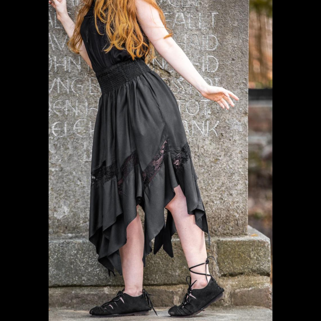 Black Renaissance Skirt with Elastic Waist | Lace Detailing
