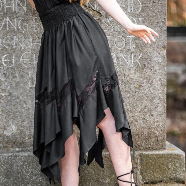 Black Renaissance Skirt with Elastic Waist | Lace Detailing