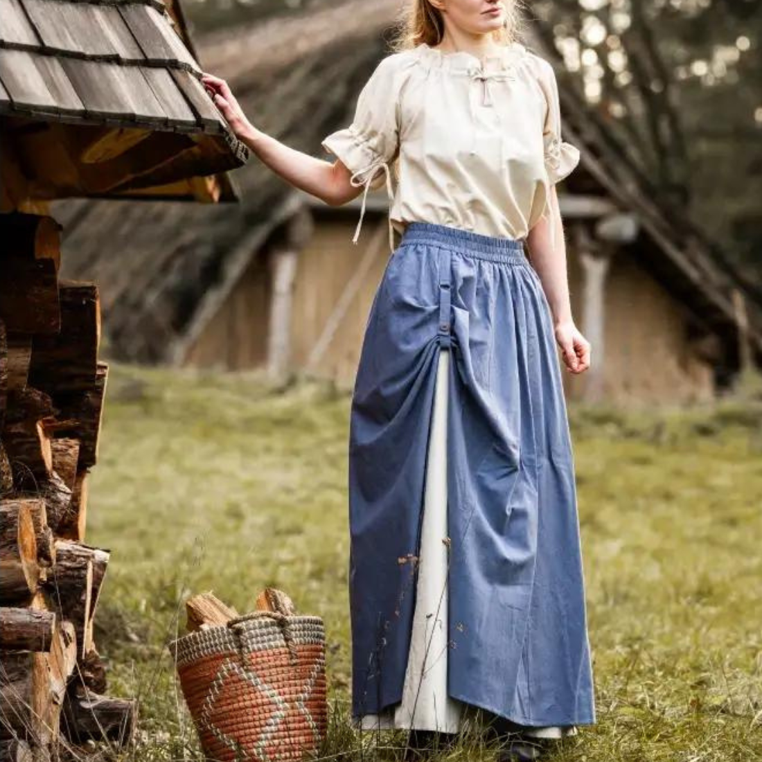 Double Layer Renaissance Skirt | Blue and Natural with Comfort Slit