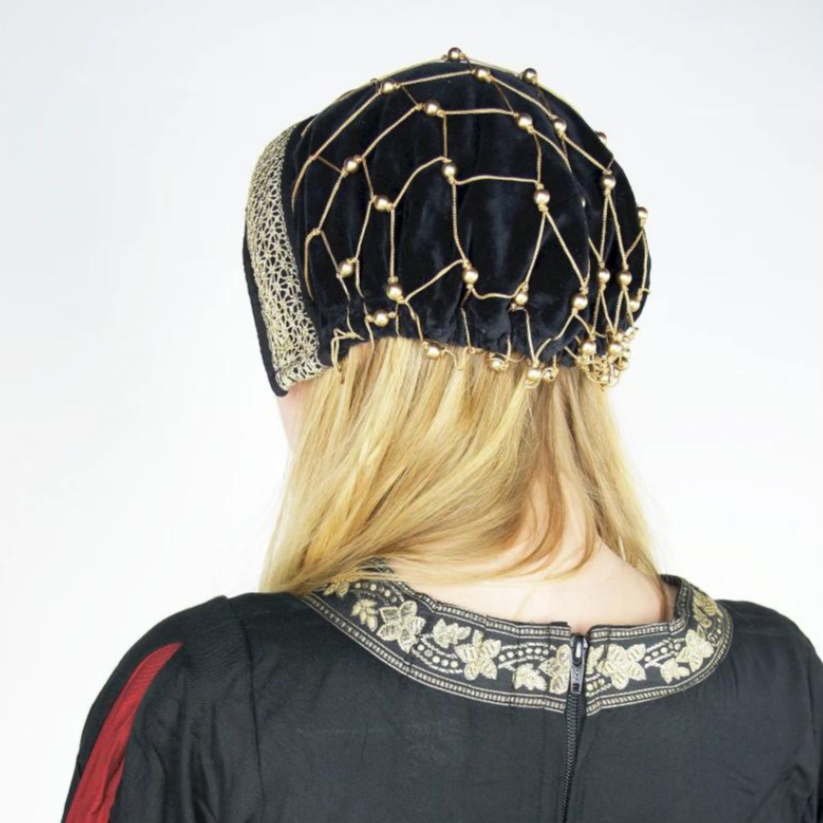 Black & Gold Velvet Renaissance Headwear | Beaded Drapery