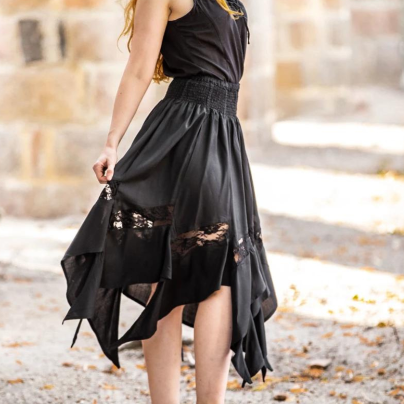 Black Renaissance Skirt with Elastic Waist | Lace Detailing