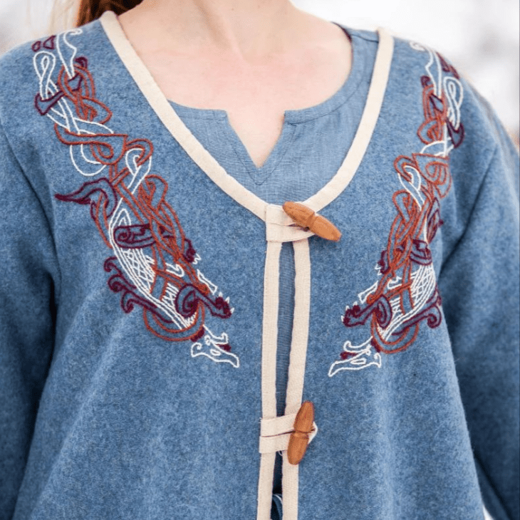 Blue Renaissance Embroidered Coat | Wooden Toggle Closure