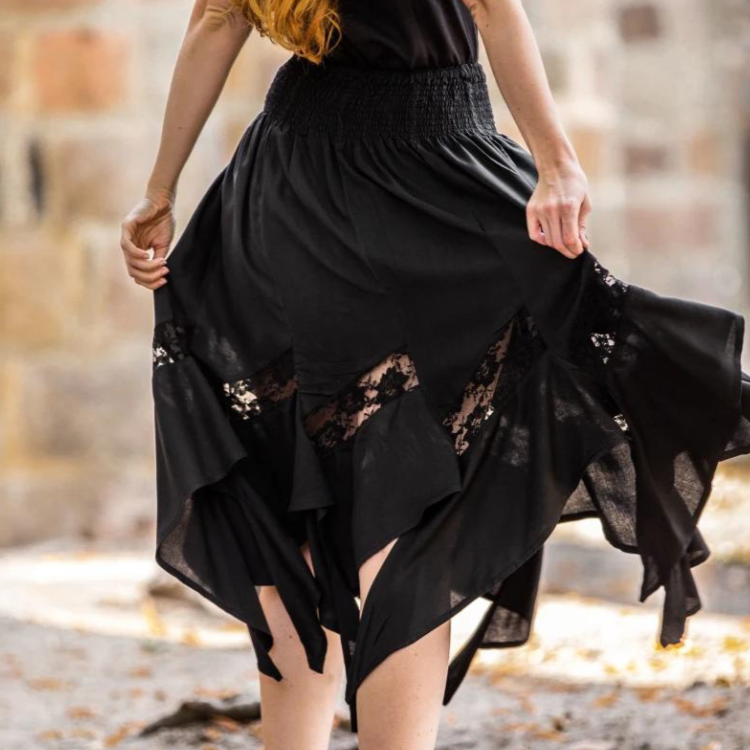 Black Renaissance Skirt with Elastic Waist | Lace Detailing