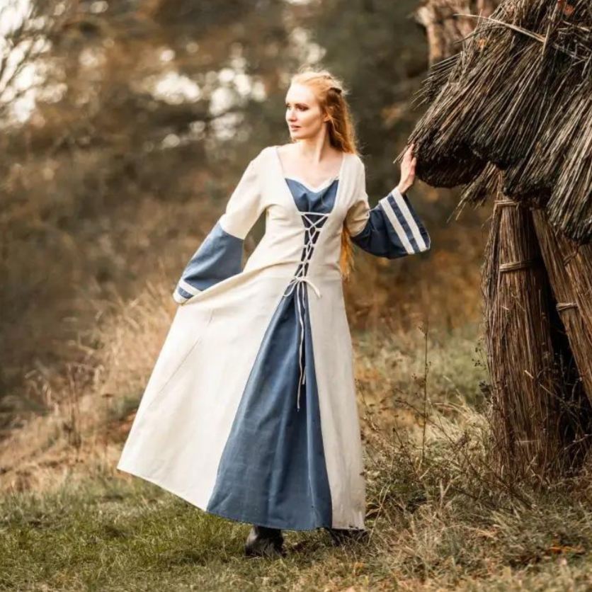 Natural and Blue Renaissance Dress | Long Sleeves | Traditional Lacing