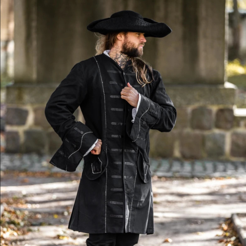 Black Renaissance Tailored Frock Coat | Antiqued Metal Buttons