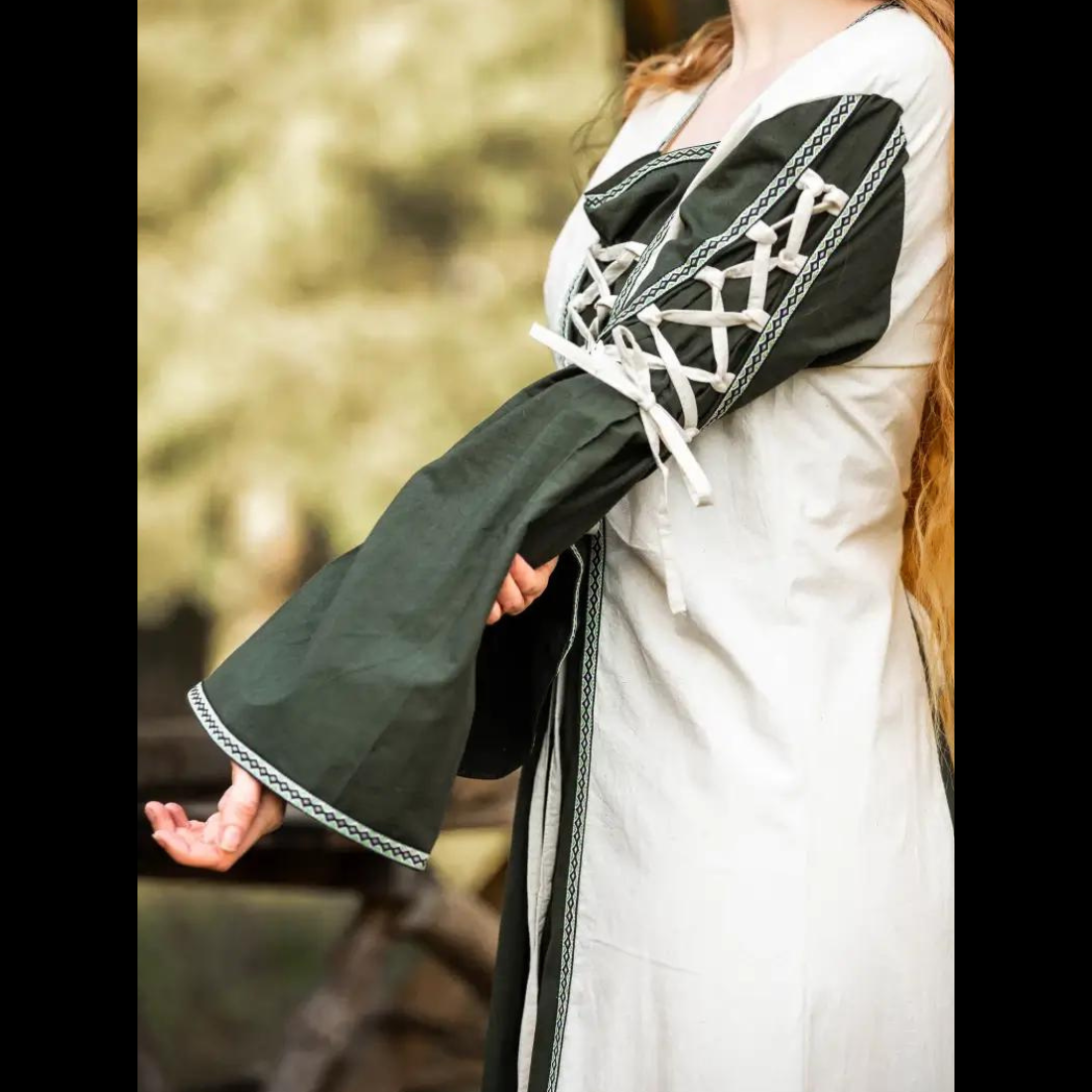 Renaissance Dress with Laced Details | Ivory and Emerald with Floral Border