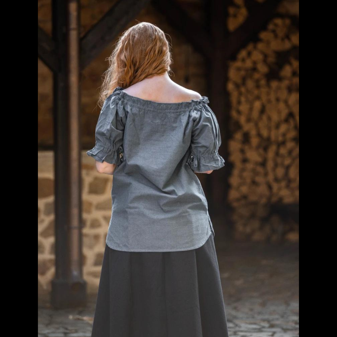 Gray-Blue Short Sleeve Women’s Renaissance Blouse | Intricate Laced Detailing