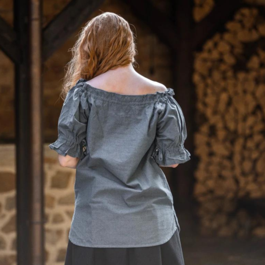 Gray-Blue Short Sleeve Women’s Renaissance Blouse | Intricate Laced Detailing