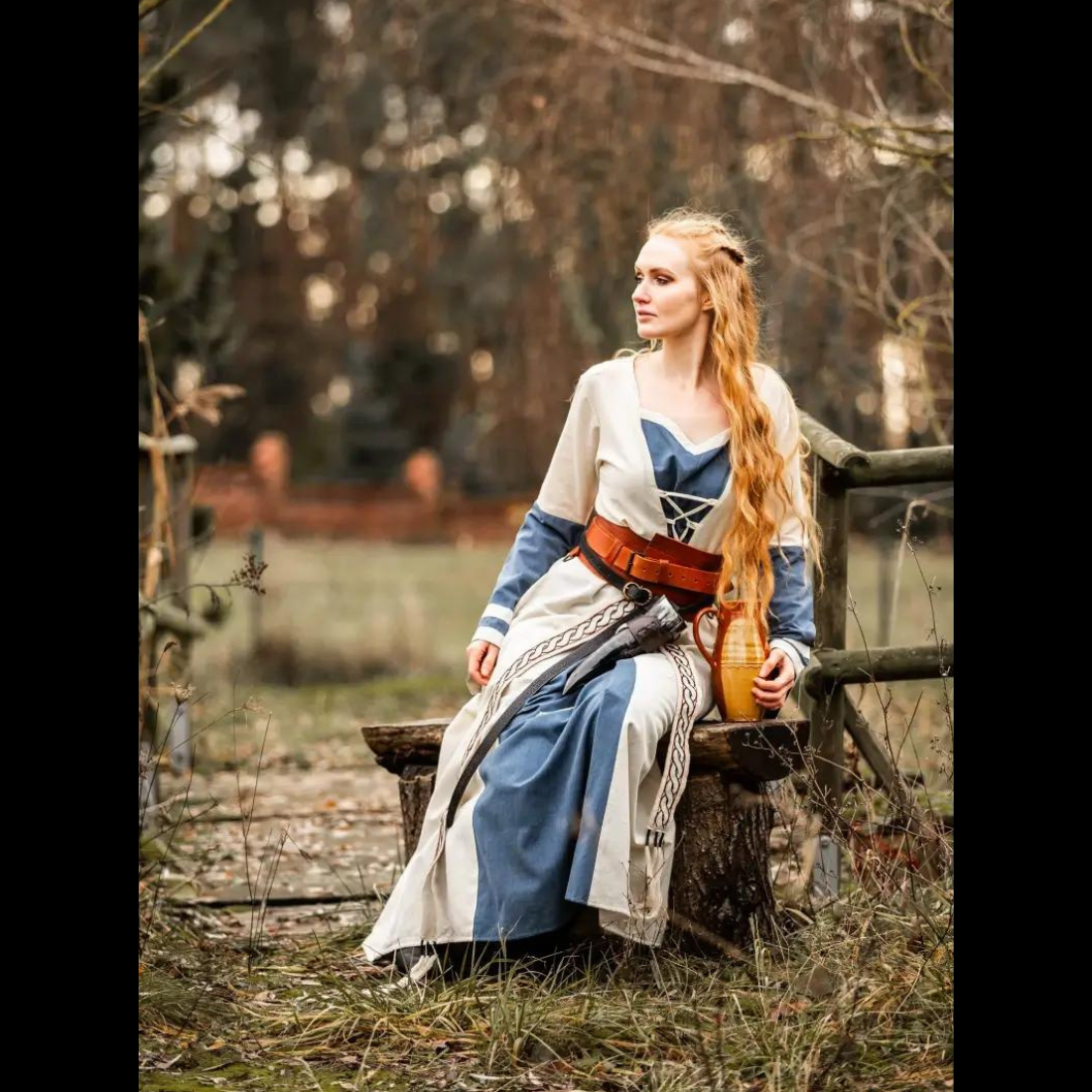 Renaissance Style Dress - Exquisite Long Sleeves in Natural and Blue, Featuring Traditional Lacing