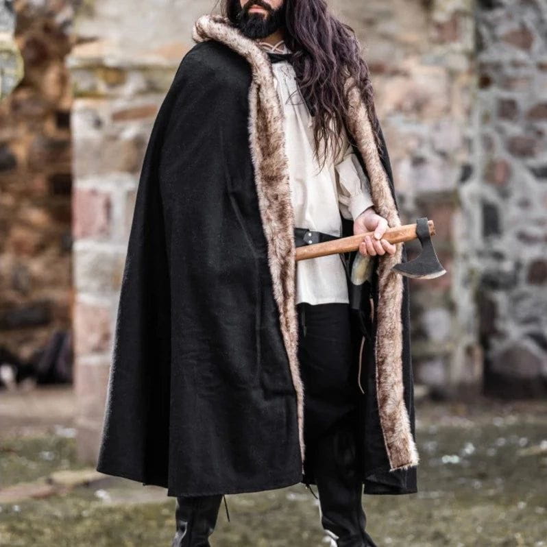Authentic Black Renaissance Wool Cloak | Luxurious Faux Fur Trim