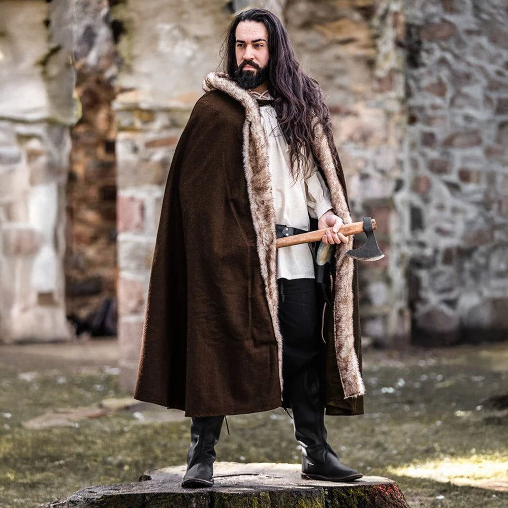 Man in a brown wool Renaissance cloak with luxurious faux fur trim and short hood, holding an axe.