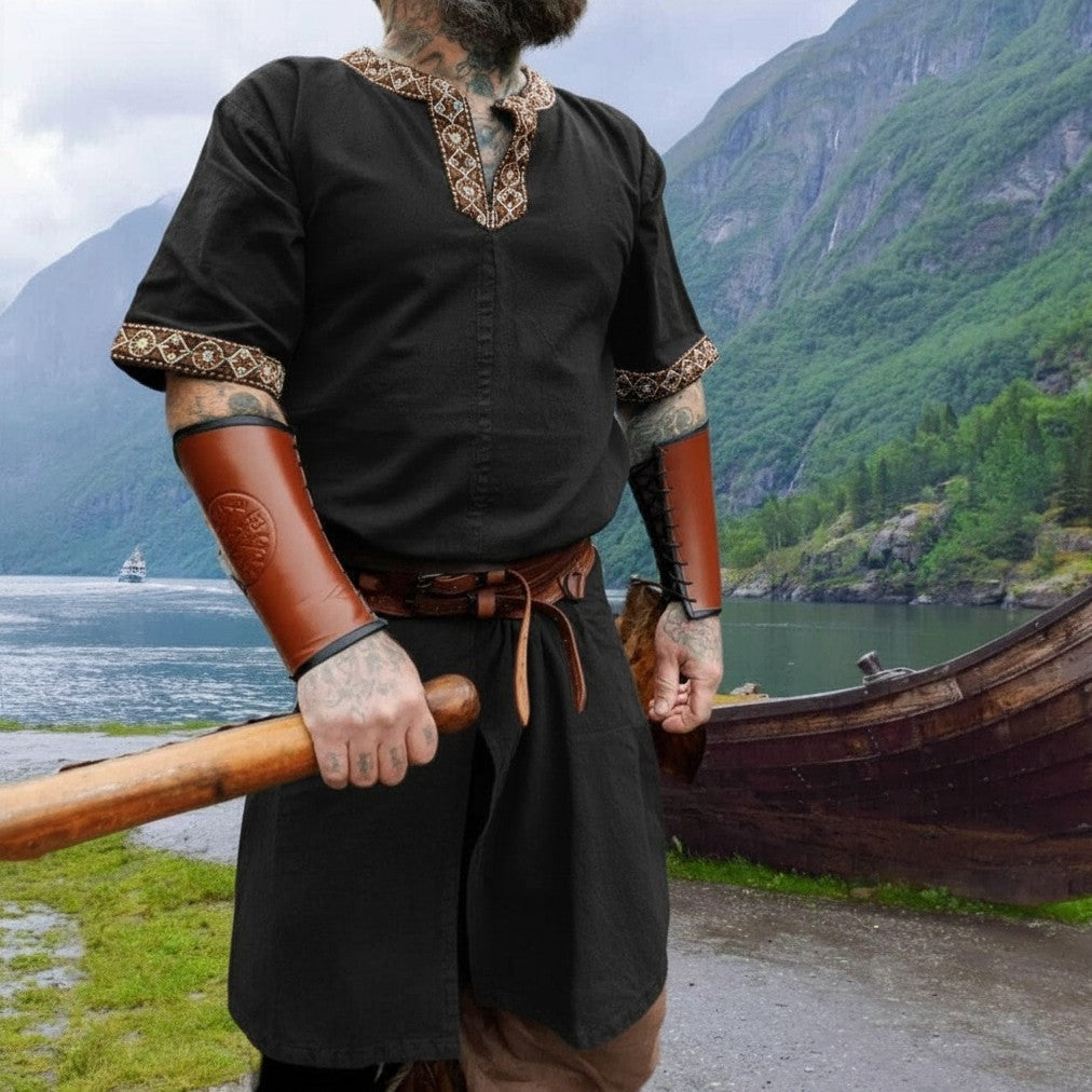 Black 100% cotton Renaissance nobleman's tunic with embroidered V-neck and short sleeves.