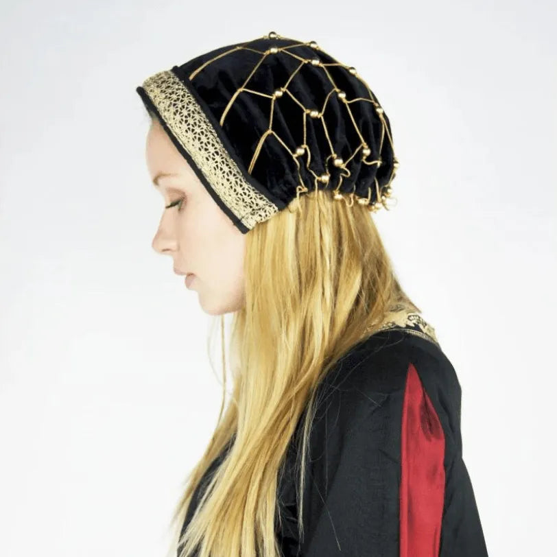Black & Gold Velvet Renaissance Headwear | Beaded Drapery-Renaissance Wardrobe