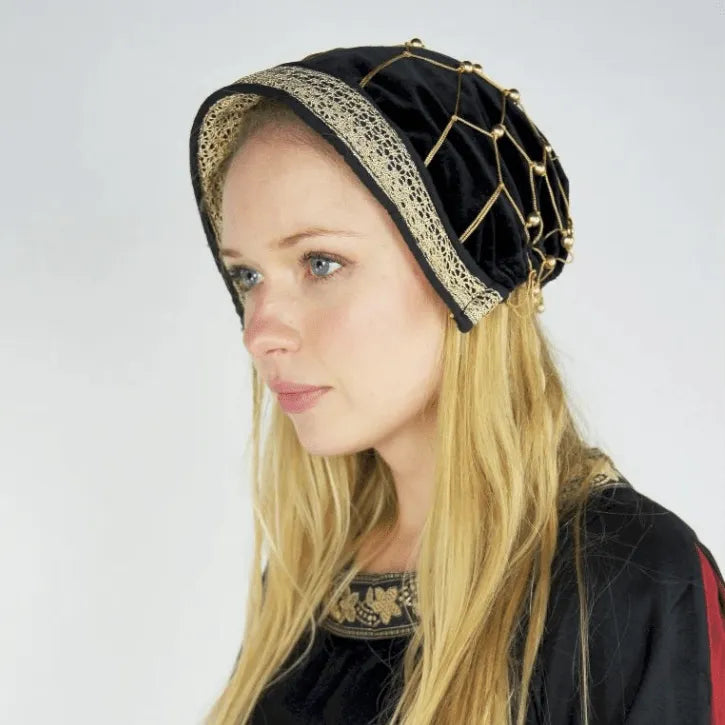 Black & Gold Velvet Renaissance Headwear | Beaded Drapery-Renaissance Wardrobe