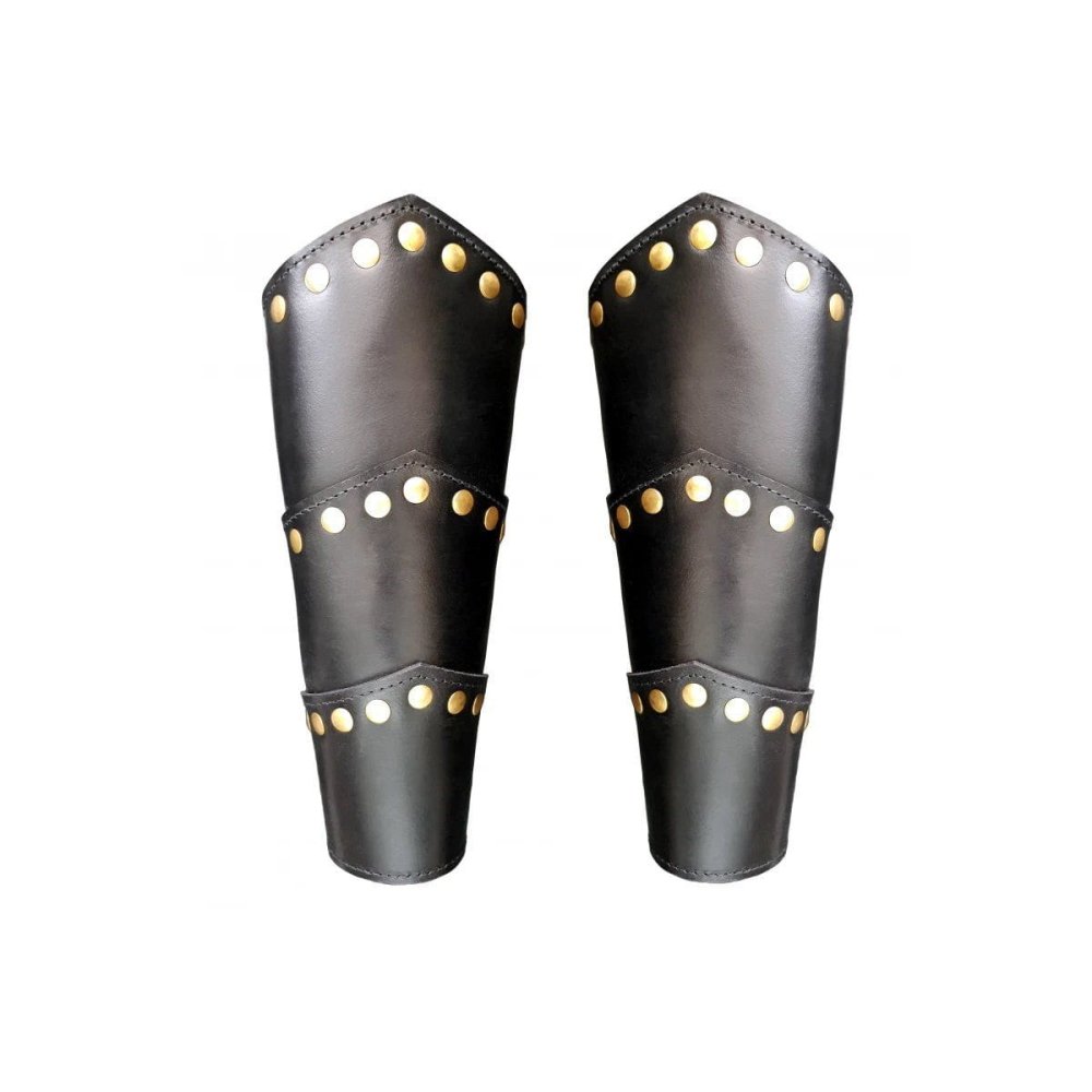 Black Leather Renaissance Vambraces | Rivet Detailing & Arm Protection-Renaissance Wardrobe