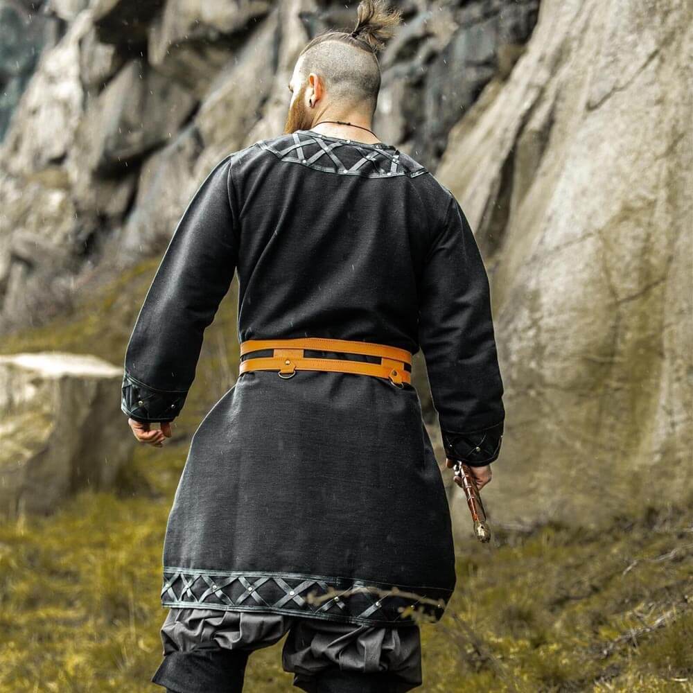 long viking tunic with leather trim