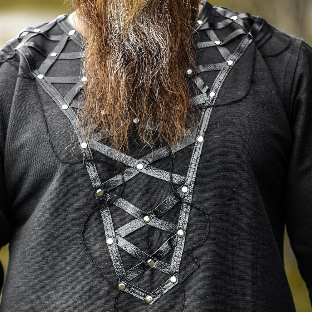 black long sleeve viking tunic with leather trim
