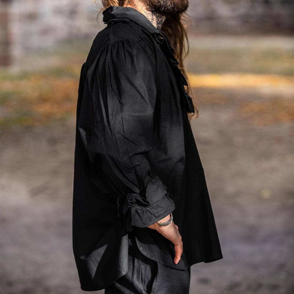 Long Sleeve Black Lace-Up Shirt | Ruffled Neckline with Wooden Button-5-Viking Warrior