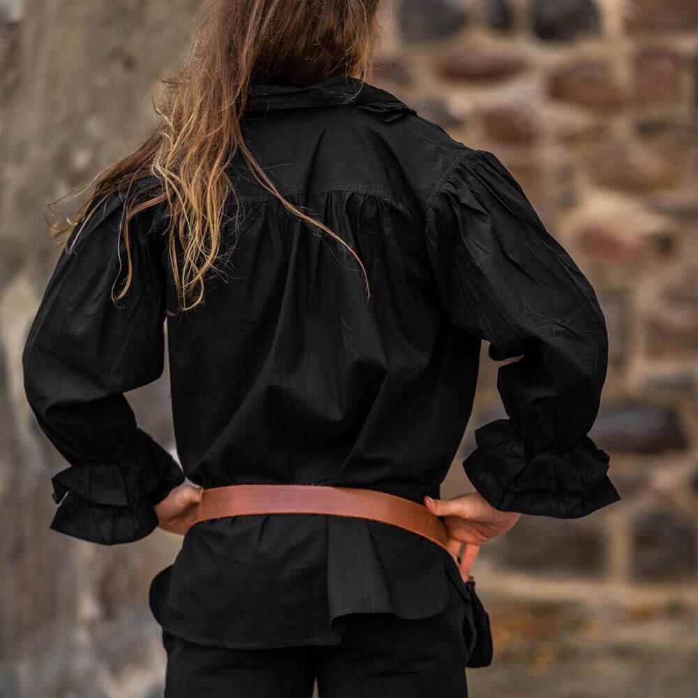 Long Sleeve Black Lace-Up Shirt | Ruffled Neckline with Wooden Button-3-Viking Warrior