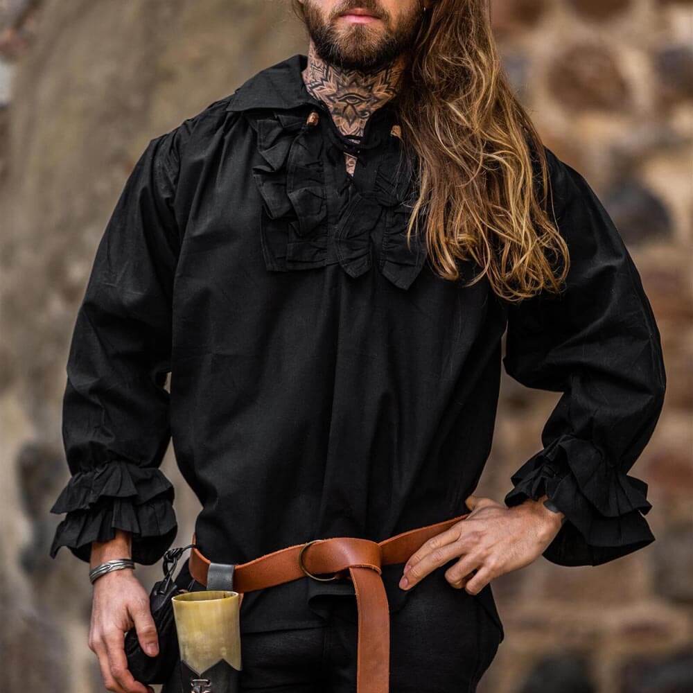 Long Sleeve Black Lace-Up Shirt | Ruffled Neckline with Wooden Button-2-Viking Warrior