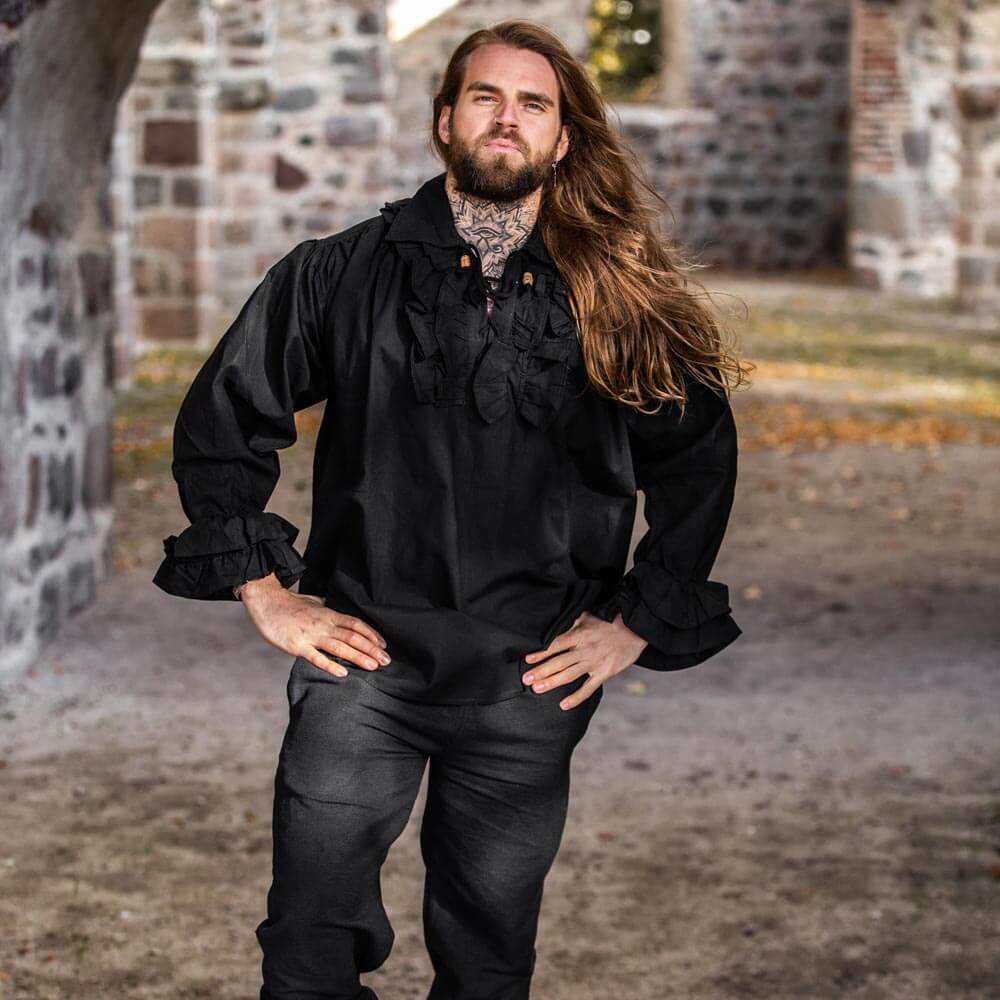 Long Sleeve Black Lace-Up Shirt | Ruffled Neckline with Wooden Button-1-Viking Warrior
