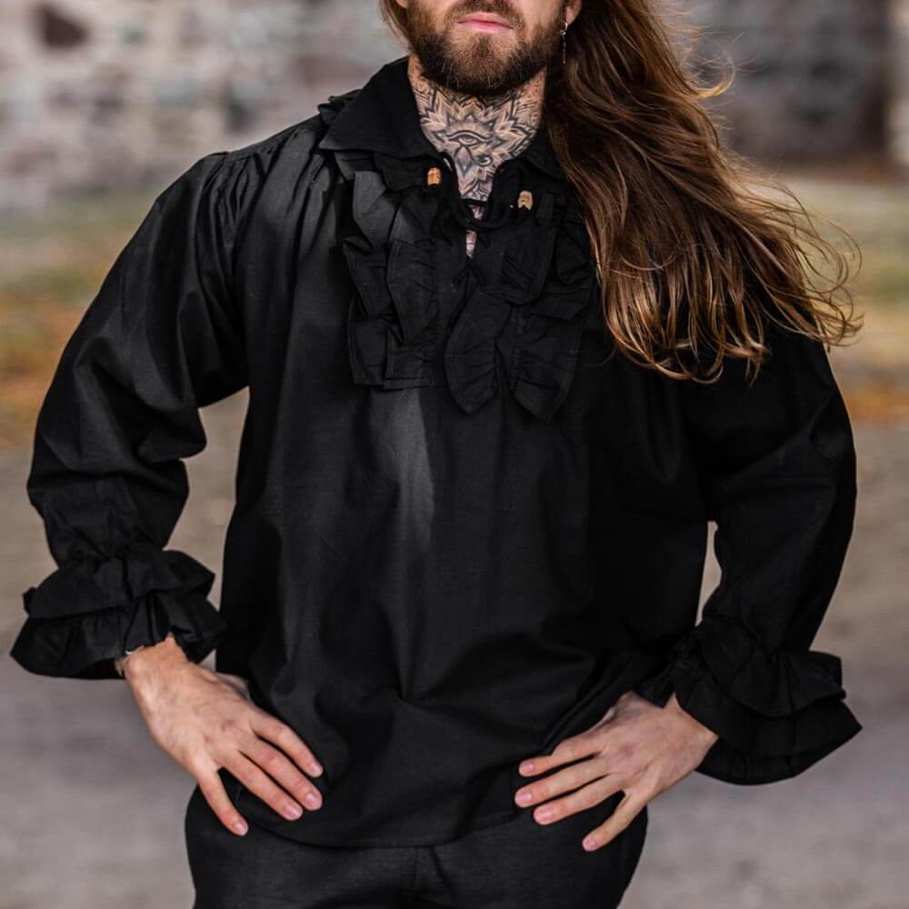 Black Renaissance shirt with ruffled collar and cuffs, lace-up front with ribbon and wooden button.