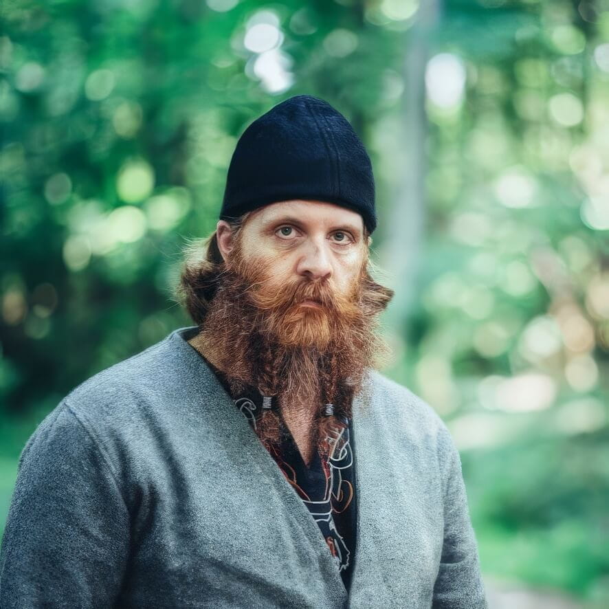Man with a red beard wearing a black wool Renaissance medieval cap in a forest.
