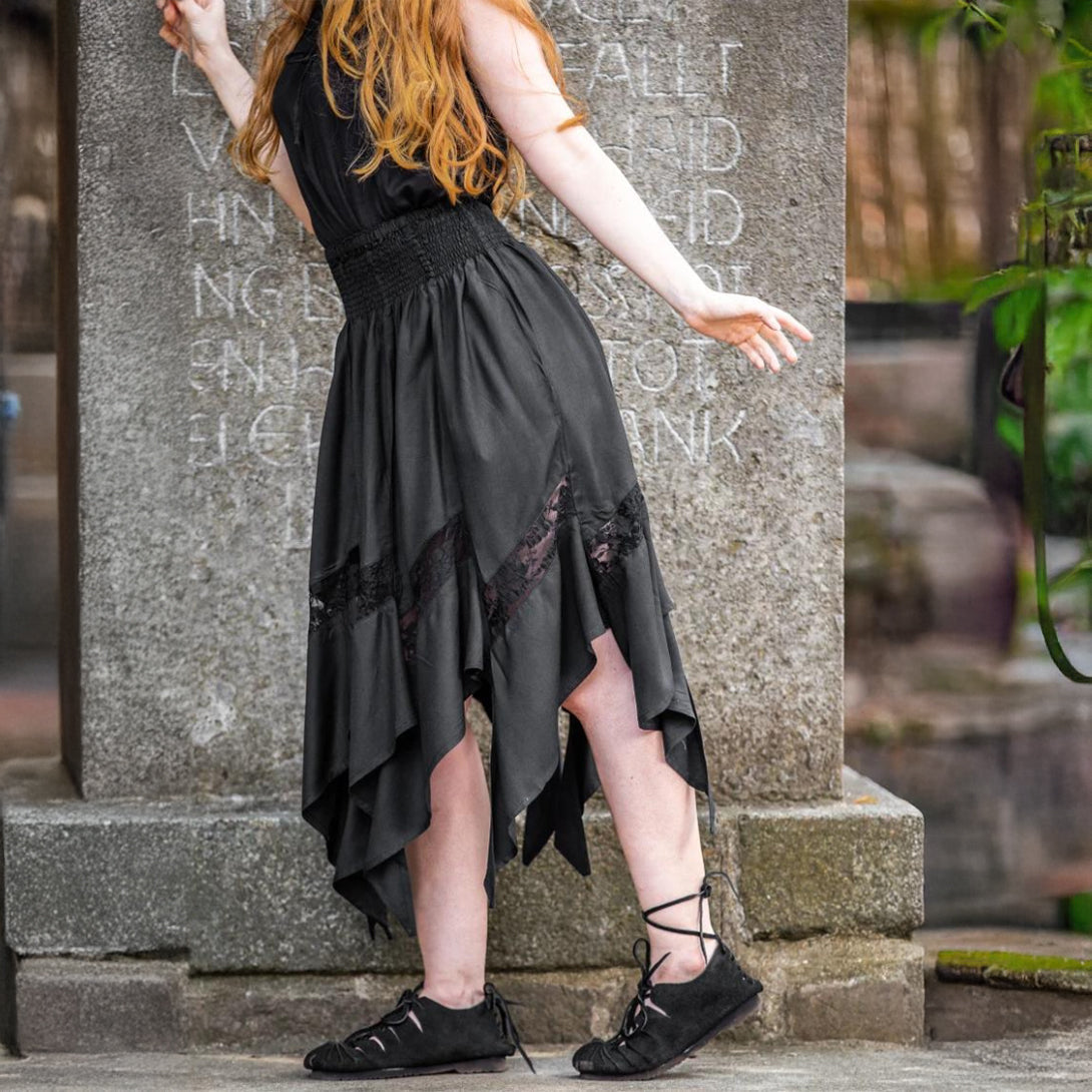 Black Renaissance Skirt with Elastic Waist | Lace Detailing